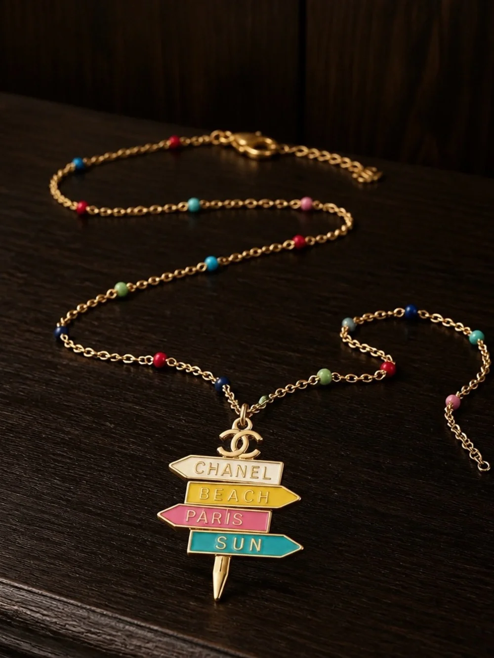 Gold Multicolor Enamel Signpost Necklace - Beach Paris Sun